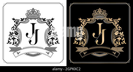 J J royal emblem with crown, initial letter and graphic name Frames Border of floral designs with two variation colors, set of gold framed labels with flowers for insignia, initial letter wedding name Stock Vector