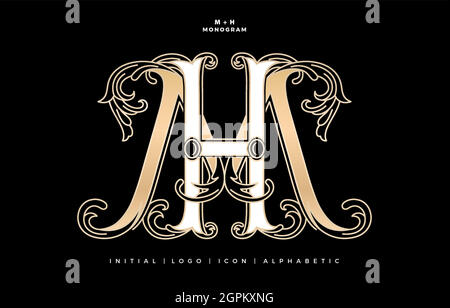 MH or HM monogram, initial letter and graphic name floral designs with gold and white colors isolated black backgrounds, set of gold labels with ornament for insignia, initial letter wedding name logo Stock Vector