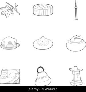 Attractions of Canada icons set, outline style Stock Vector