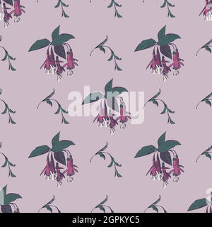 Hand drawn bloom fuchsia flowers, engraving floral seamless pattern abstract background wallpaper vector. Line art botanical wrapping illustration for graphic design print. Purple green pastel colors Stock Vector