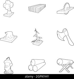 Cutting of trees icons set, outline style Stock Vector
