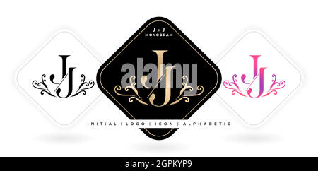 JJ initial letter and graphic name, JJ Monogram for Wedding couple symbolic title, logo company and icon business, with three color variation designs with isolated background. illustration brand name Stock Vector