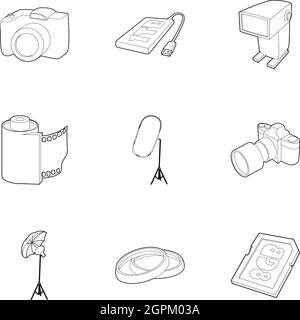 Photo icons set, outline style Stock Vector
