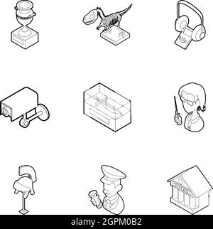 Items in museum icons set, outline style Stock Vector