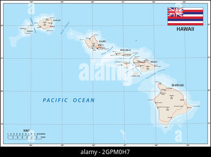 Map of the U.S. state of Hawaii with Flag Stock Vector