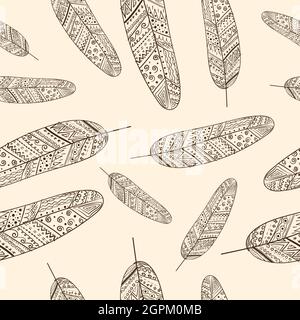 Endless pattern with brown feathers with tracing Stock Vector