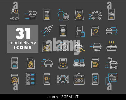 Fast food delivery vector flat icons set Stock Vector