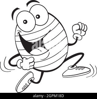 Black and white illustration of a running Easter egg. Stock Vector