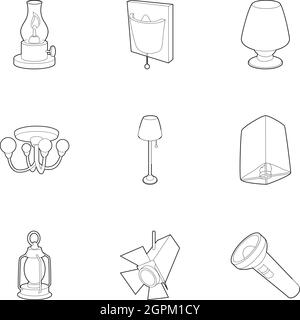 Lighting icons set, outline style Stock Vector