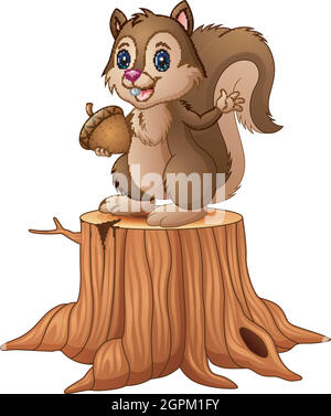 Cartoon squirrel standing on tree stump holding an acorn Stock Vector