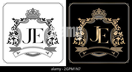 JE royal emblem with crown, set of black and white labels, initial letter and graphic name Frames Border of floral designs, JE Monogram, for insignia, initial letter frames border, wedding couple name Stock Vector