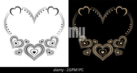 Black and white heart ornament isolated backgrounds. Frame label Love design with two variation colors applicable for invitation, greeting cards, valentines day banner and flyer template . Stock Vector