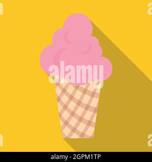 Pink ice cream in waffle cup icon, flat style Stock Vector