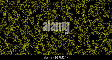 Lines Flowers and Floral Patters Backgrounds with yellow colors and isolated black backgrounds, applicable for garment, textile, fabric printing, website banner, and screen printing for clothes. Stock Vector