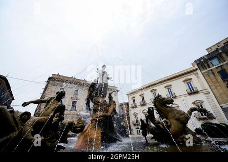 Fountain of Diana at Piazza Archimede in Syracuse, Sicily, Italy. Stock Photo