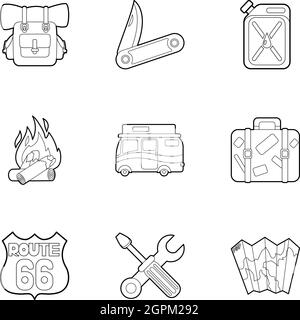 Camp icons set, outline style Stock Vector