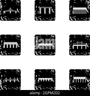 Bridge icons set, grunge style Stock Vector