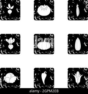 Fresh vegetables icons set, grunge style Stock Vector