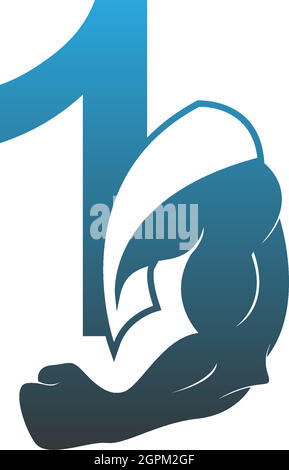 Number 1 logo icon with muscle arm design vector Stock Vector