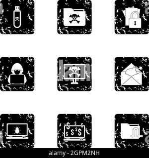 Hacking icons set, grunge style Stock Vector
