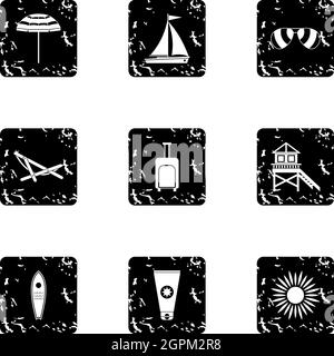 Holiday in Miami icons set, grunge style Stock Vector