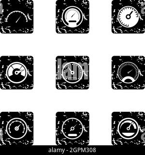 Speedometer icons set, grunge style Stock Vector