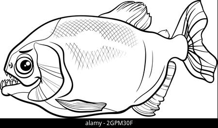 cartoon piranha fish animal character coloring book page Stock Vector