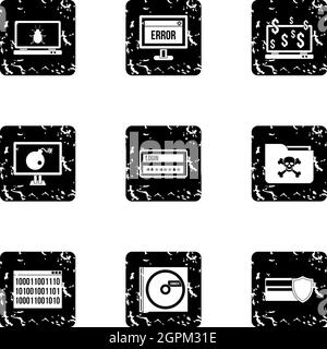 Data theft icons set, grunge style Stock Vector