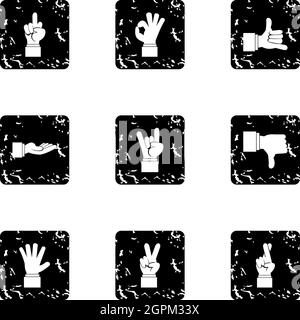 Communication gestures icons set, grunge style Stock Vector