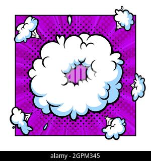 Surprising boom cloud in halftone background for sales and promotions. Purple banner template for surprises and bursting events. Vector illustration Stock Vector