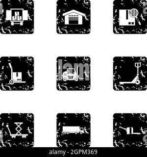 Warehouse icons set, grunge style Stock Vector