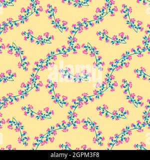 Eucalyptus tree branch with buds drawing, floral seamless pattern, nature abstract background vector. Line art botanical illustration graphic design print, fabric. Trendy yellow green pink wallpaper Stock Vector