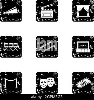 Cinema icons set, grunge style Stock Vector