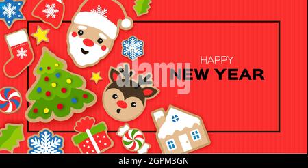Happy New Year greeting card. Christmas Santa,tree,gift, deer, snowflakes, lollipop, holly. Christmas gingerbread paper cut style. Winter holidays Red Stock Vector
