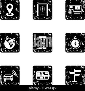 GPS map icons set, grunge style Stock Vector