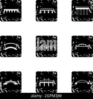 Crossing river icons set, grunge style Stock Vector
