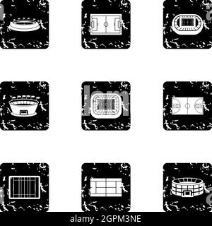 Sports stadium icons set, grunge style Stock Vector