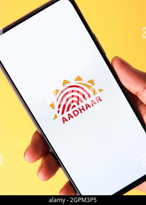 West Bangal, India - September 28, 2021 : Aadhaar logo on phone screen stock image. Stock Photo