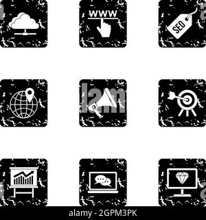 SEO optimization icons set, grunge style Stock Vector
