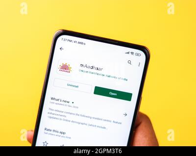 West Bangal, India - September 28, 2021 : Aadhaar logo on phone screen stock image. Stock Photo