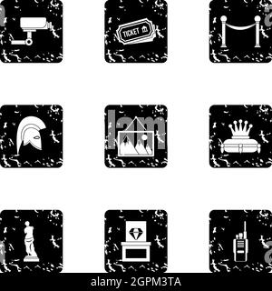Gallery in museum icons set, grunge style Stock Vector