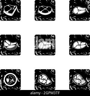 Steak icons set, grunge style Stock Vector