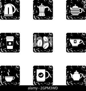 Coffee icons set, grunge style Stock Vector