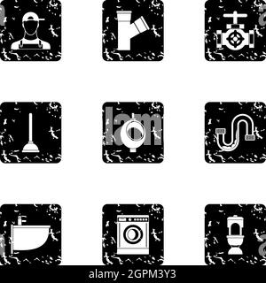 Sanitary appliances icons set, grunge style Stock Vector