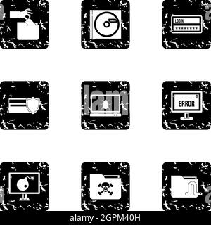 Ddos attack icons set, grunge style Stock Vector