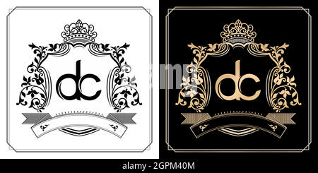 DC royal emblem with crown, initial letter and graphic name Frames Border of floral designs with two variation colors, set of gold framed labels with flowers for insignia, initial letter wedding name Stock Vector