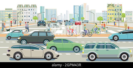 Road traffic with people on the crosswalk in a big city, illustration Stock Vector