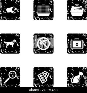 Veterinary animals icons set, grunge style Stock Vector