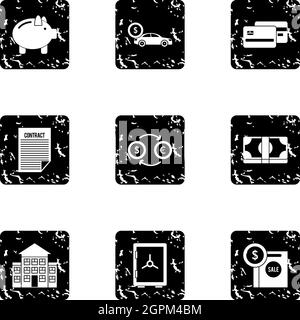 Money icons set, grunge style Stock Vector