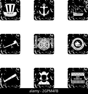 Discovery of America icons set, grunge style Stock Vector
